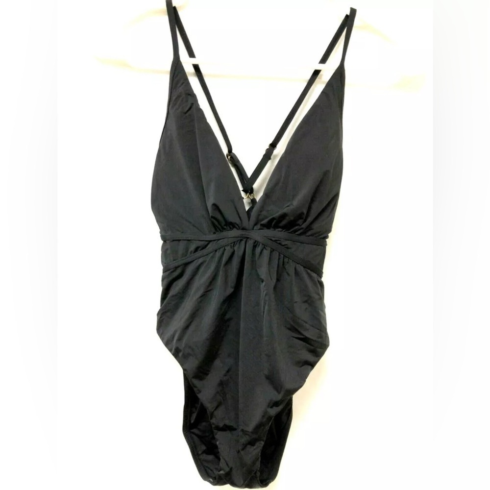 BCBGmaxazria Womens One Piece Swimsuit Plunging V Neck Black Swimwear Size 2